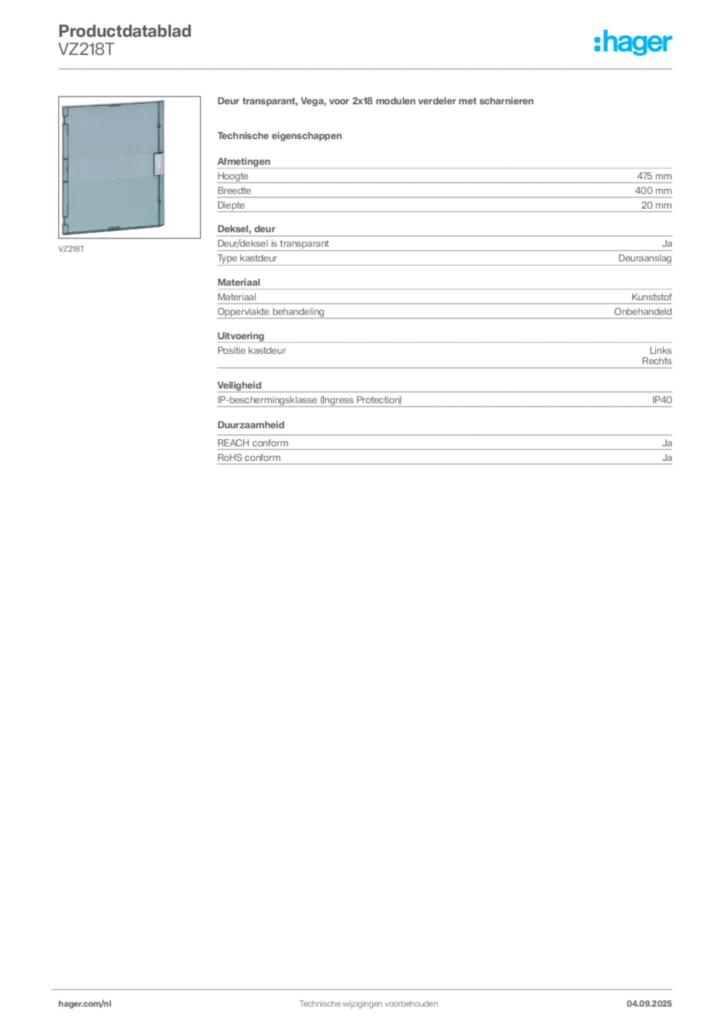 Afbeelding Hager Productdatablad VZ218T | Hager Nederland