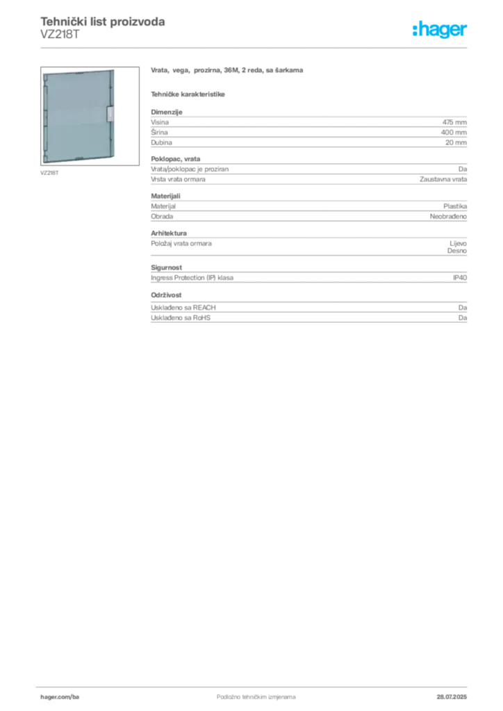 Slika Hager Product data sheet VZ218T  | Hager