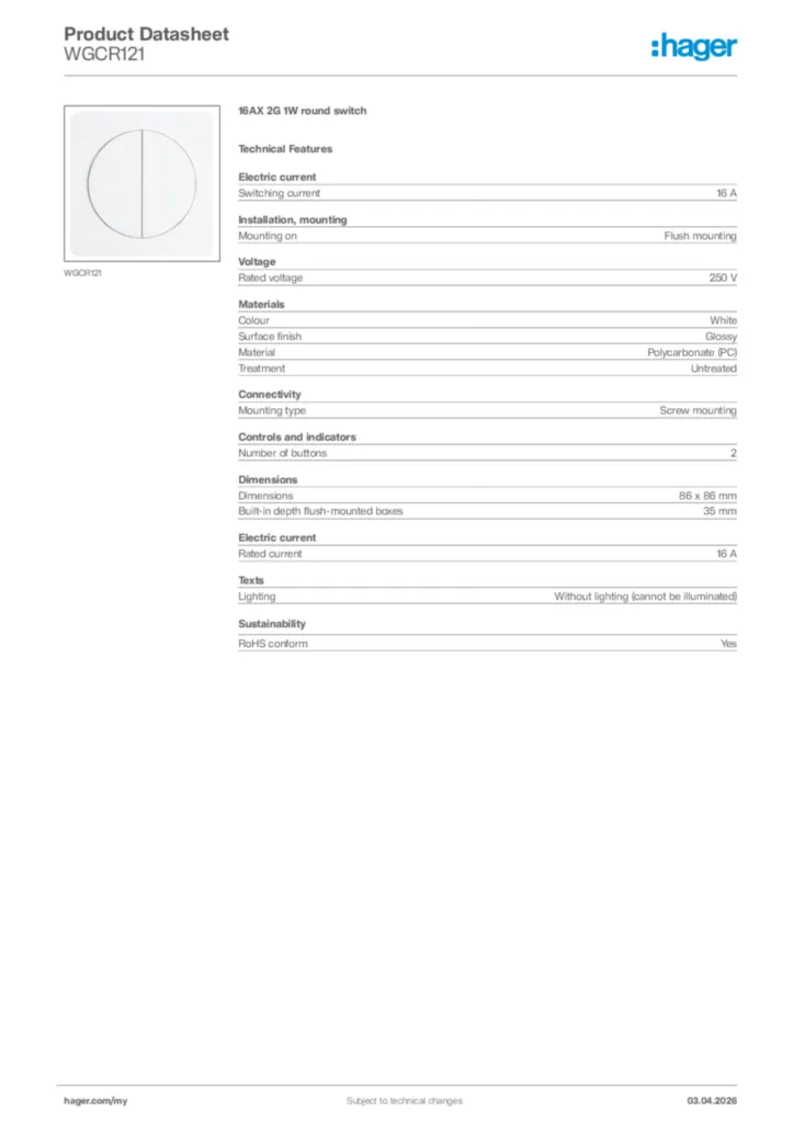Image Hager Product data sheet WGCR121  | Hager