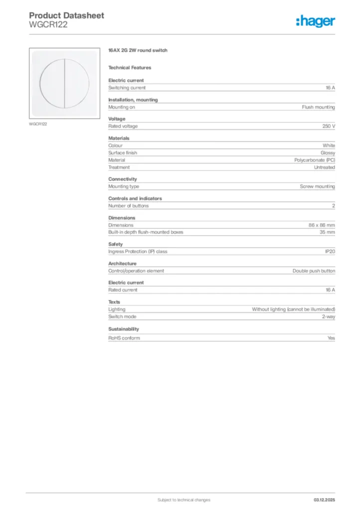 Image Hager Product data sheet WGCR122  | Hager Africa