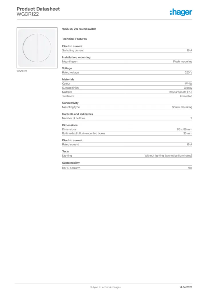 Image Hager Product data sheet WGCR122  | Hager