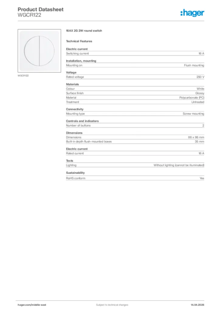 Image Hager Product data sheet WGCR122  | Hager