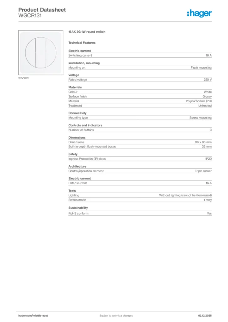 Image Hager Product data sheet WGCR131  | Hager