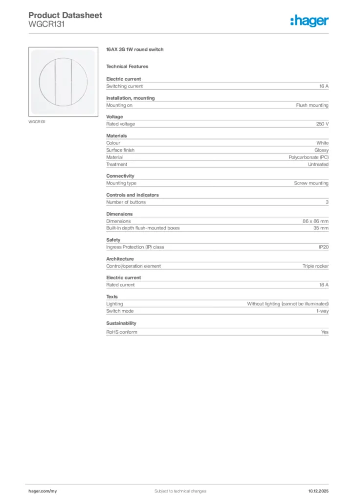 Image Hager Product data sheet WGCR131  | Hager