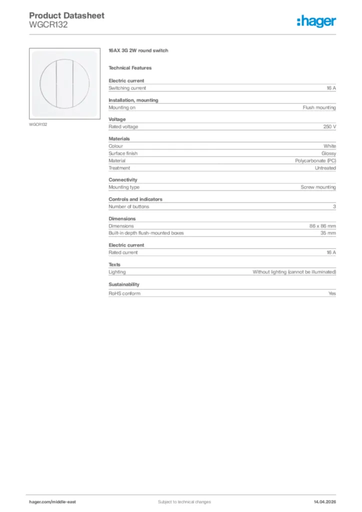 Image Hager Product data sheet WGCR132  | Hager