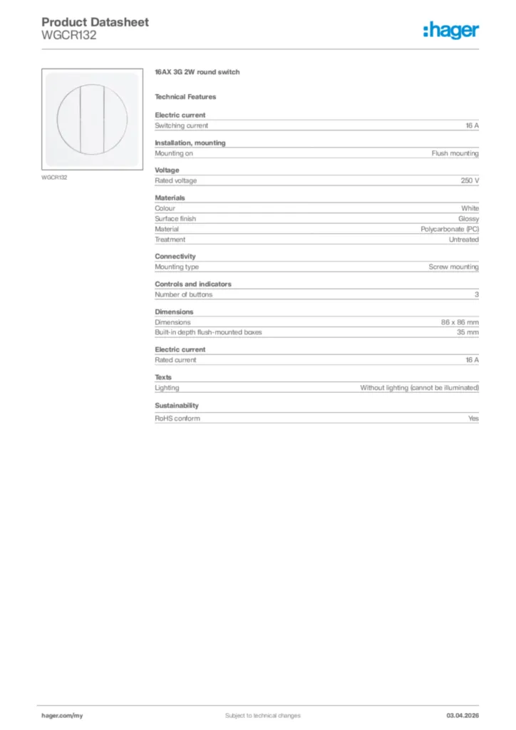 Image Hager Product data sheet WGCR132  | Hager