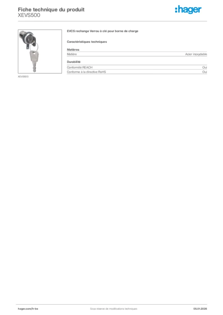 Image Hager Fiche technique du produit XEVS500 | Hager Belgique