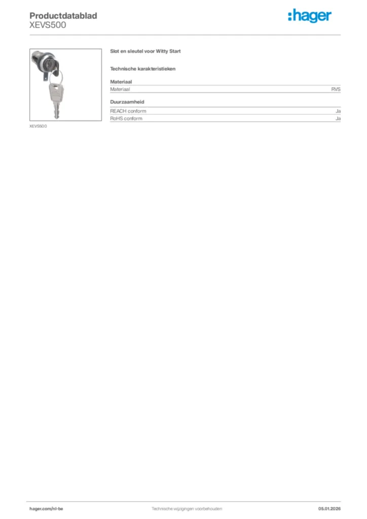 Afbeelding Hager Productdatablad XEVS500 | Hager Belgium