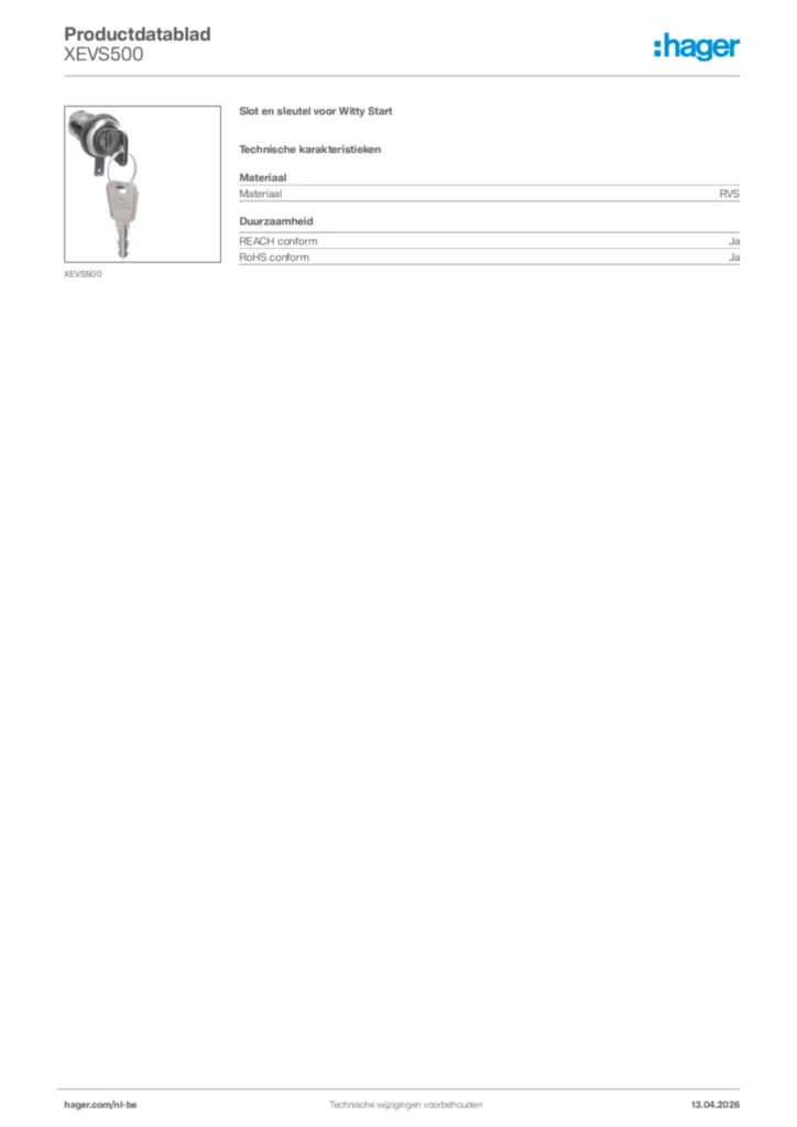 Afbeelding Hager Productdatablad XEVS500 | Hager Belgium