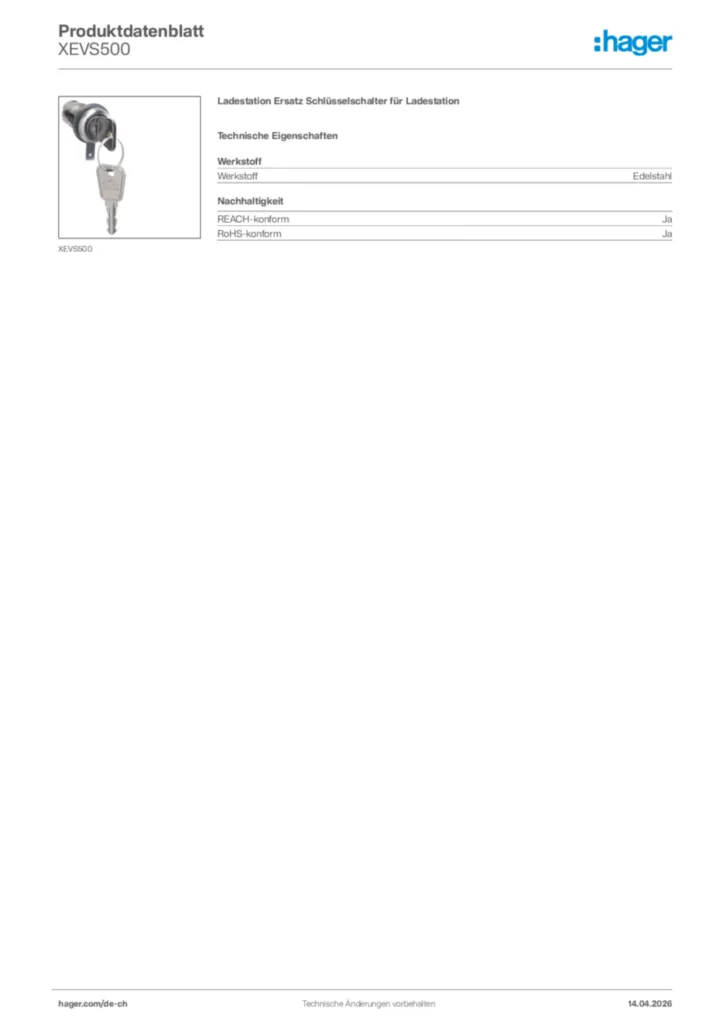 Bild Hager Produktdatenblatt XEVS500 | Hager Schweiz