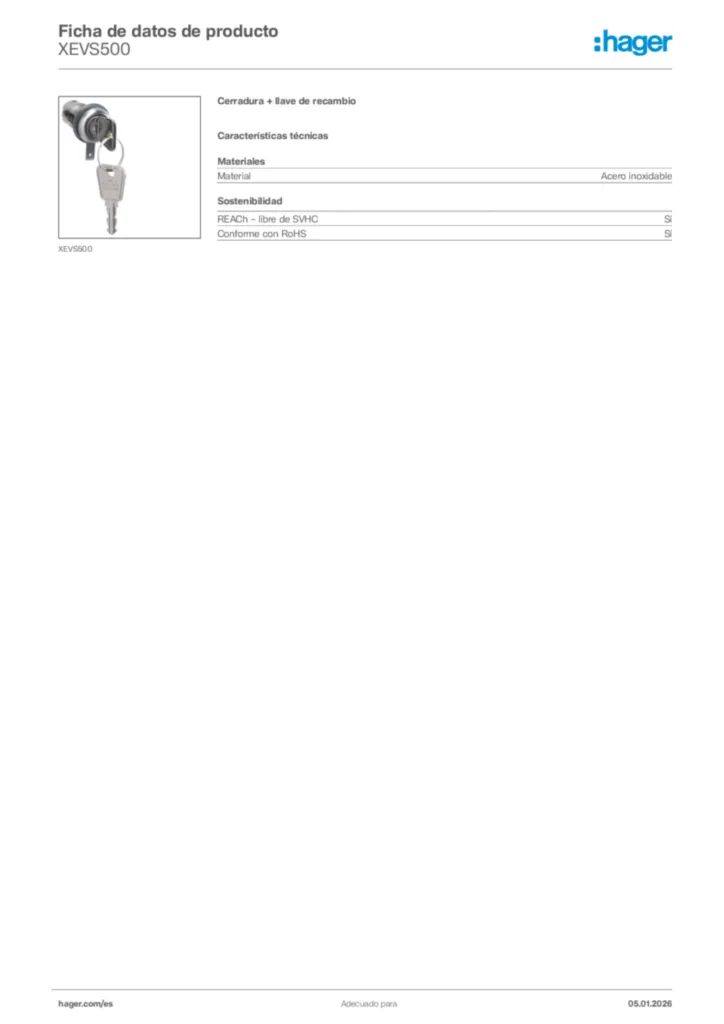 Imagen Hager Ficha de datos de producto XEVS500 | Hager España