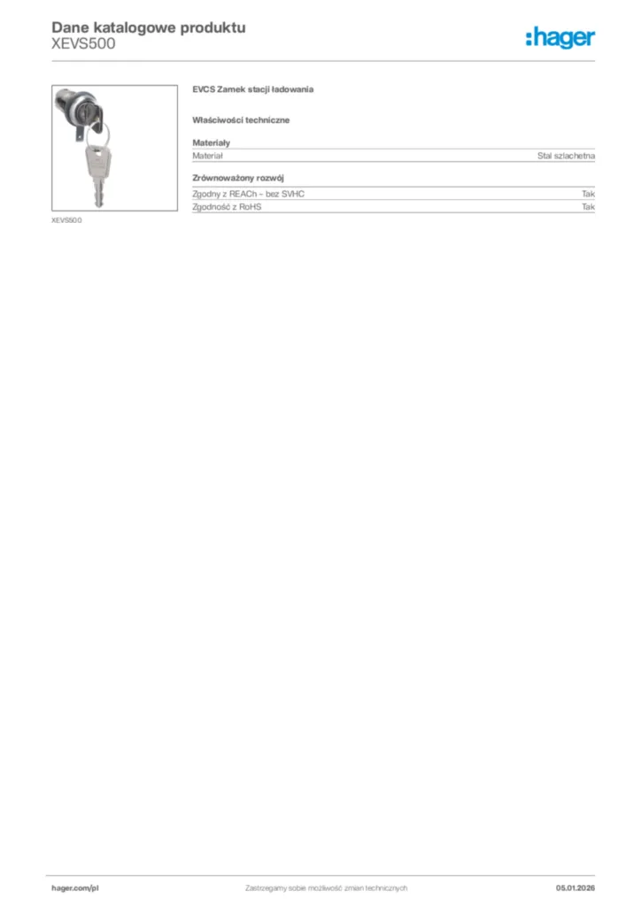 Zdjęcie Hager Karta katalogowa XEVS500 | Hager Polska
