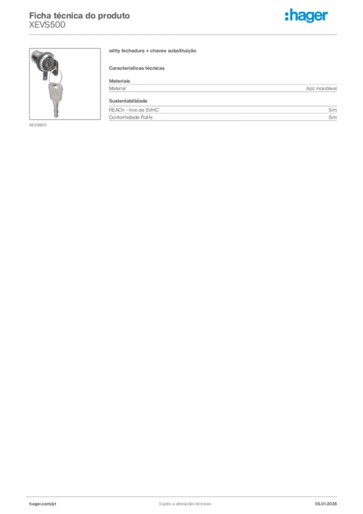 Imagem Hager Ficha técnica do produto XEVS500 | Hager Portugal