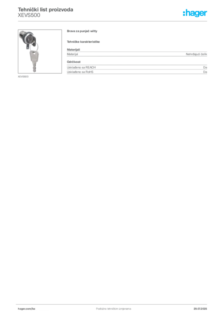 Slika Hager Product data sheet XEVS500  | Hager