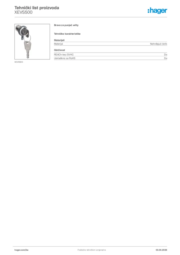 Slika Hager Tehnički list proizvoda XEVS500  | Hager