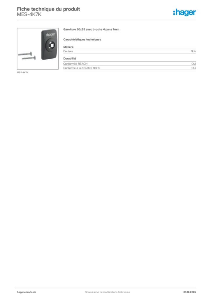 Image Hager Fiche technique du produit MES-4K7K | Hager Suisse