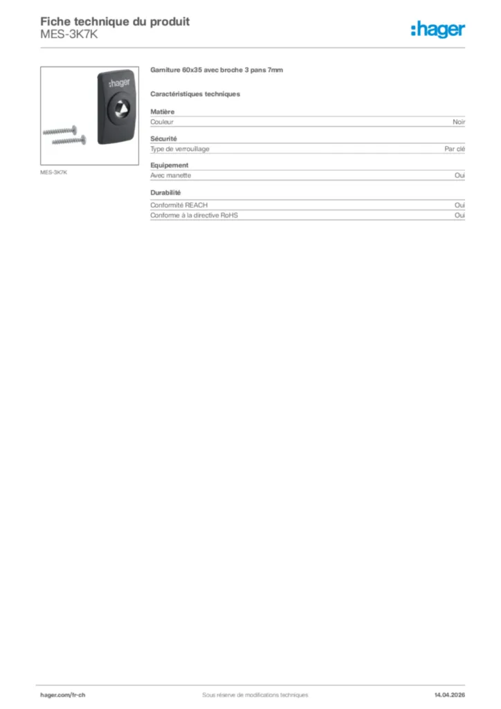 Image Hager Fiche technique du produit MES-3K7K | Hager Suisse