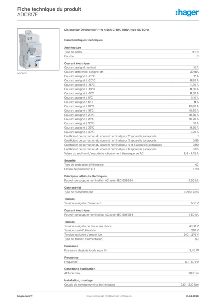 Image Hager Fiche technique du produit ADC817F | Hager France