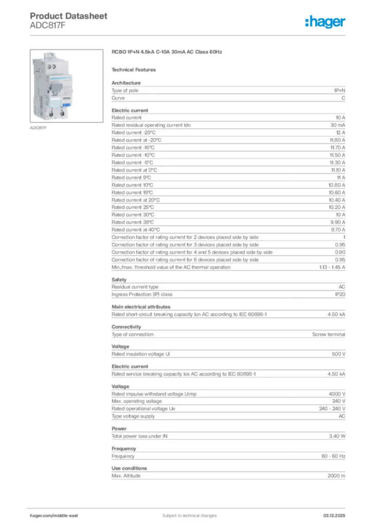 Image Hager Product data sheet ADC817F  | Hager