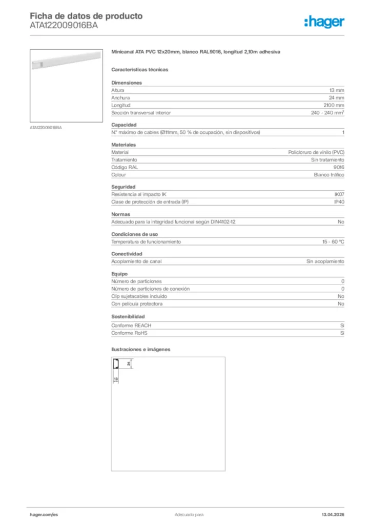 Imagen Hager Ficha de datos de producto ATA122009016BA | Hager España