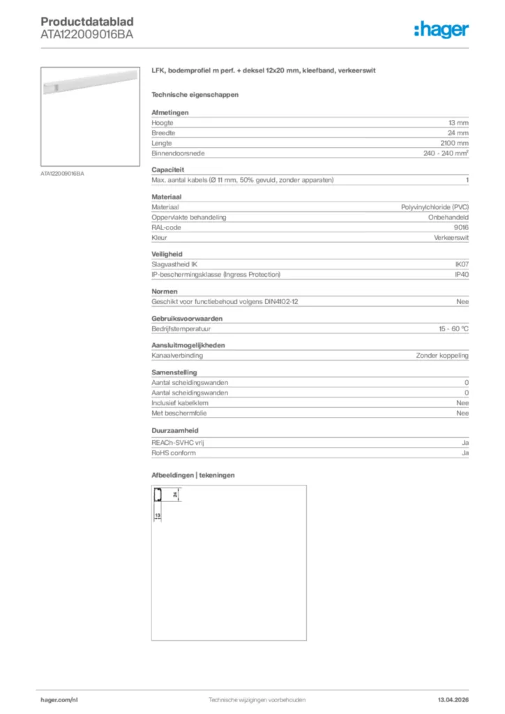 Afbeelding Hager Productdatablad ATA122009016BA | Hager Nederland