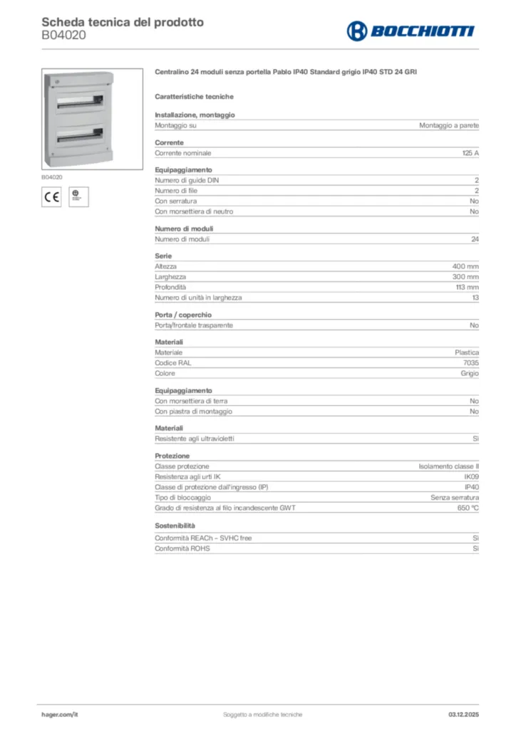 Immagine Bocchiotti Scheda tecnica del prodotto B04020 | Hager Italia