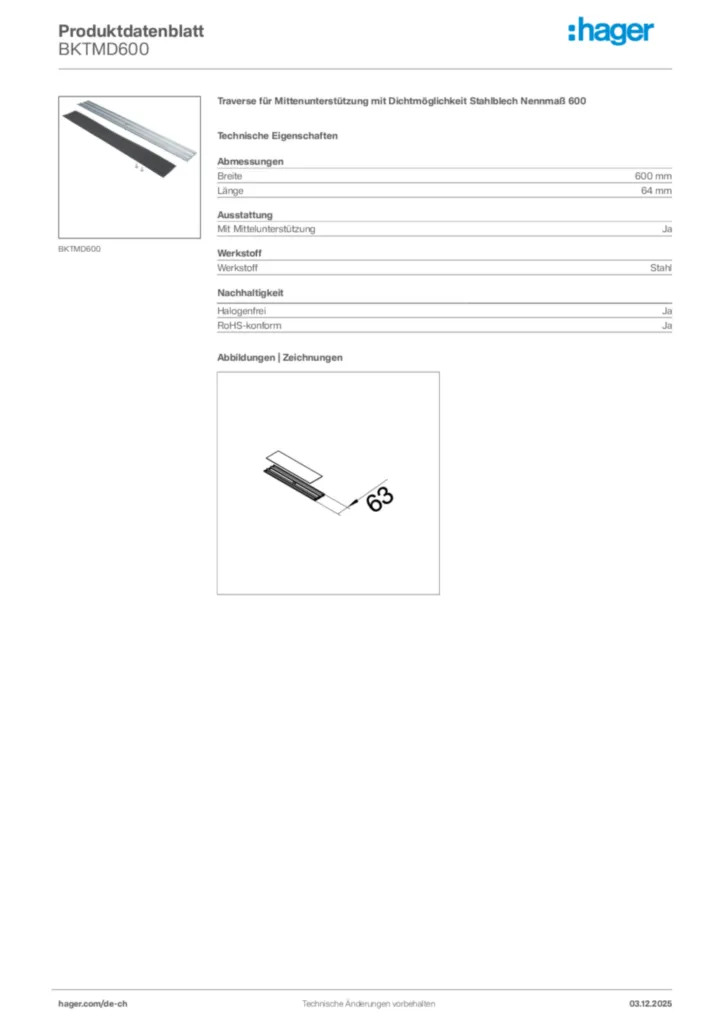 Bild Hager Produktdatenblatt BKTMD600 | Hager Schweiz