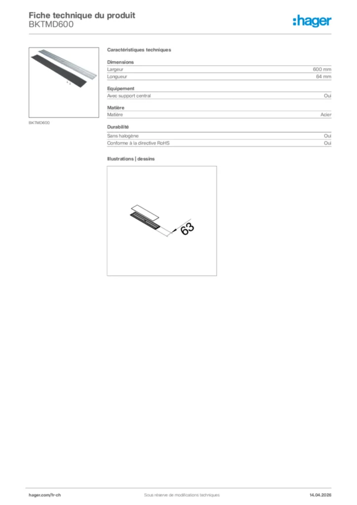 Image Hager Fiche technique du produit BKTMD600 | Hager Suisse