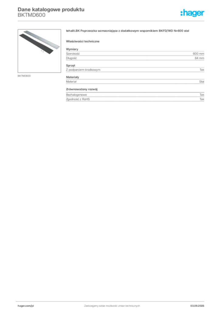 Zdjęcie Hager Dane katalogowe produktu BKTMD600 | Hager Polska