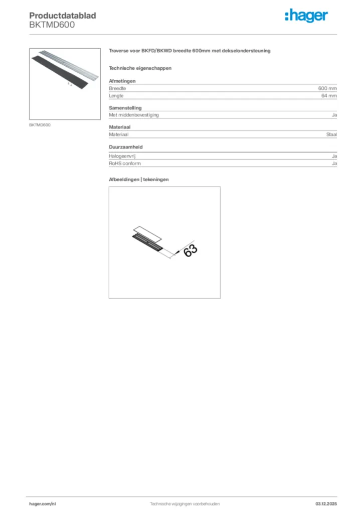 Afbeelding Hager Productdatablad BKTMD600 | Hager Nederland
