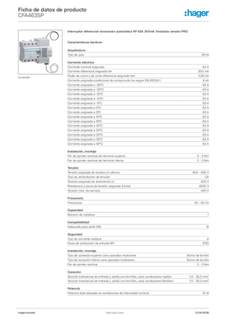 Imagen Hager Ficha de datos de producto CFA463SP | Hager España