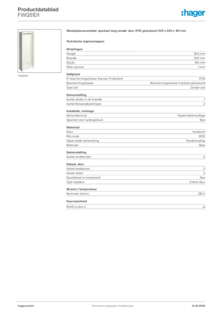 Afbeelding Hager Productdatablad FWQ51D1 | Hager Nederland