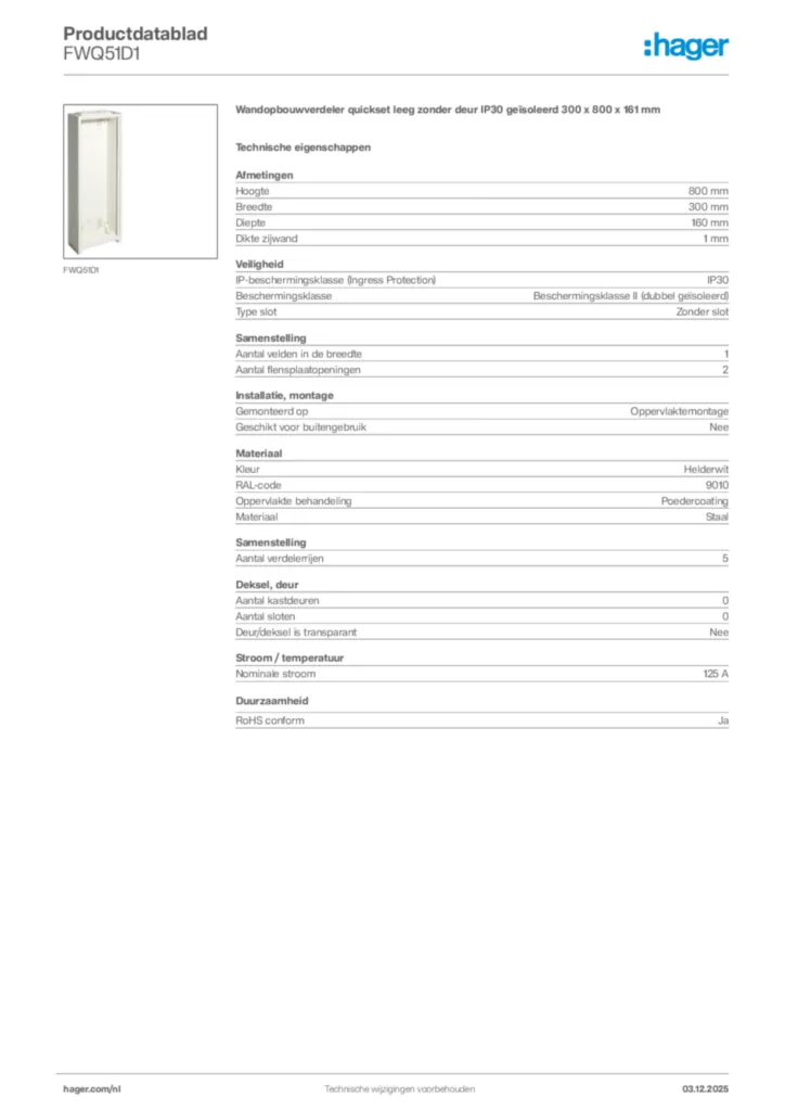 Afbeelding Hager Productdatablad FWQ51D1 | Hager Nederland