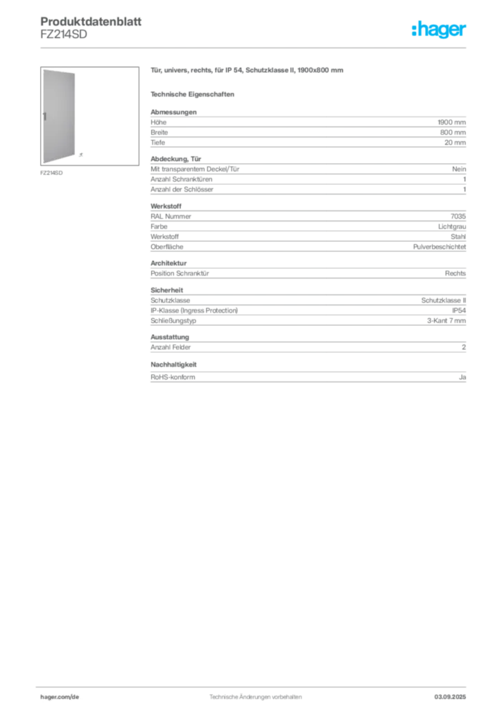 Bild Hager Produktdatenblatt FZ214SD | Hager Deutschland