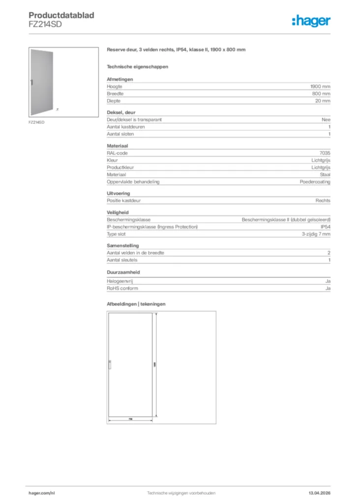 Afbeelding Hager Productdatablad FZ214SD | Hager Nederland