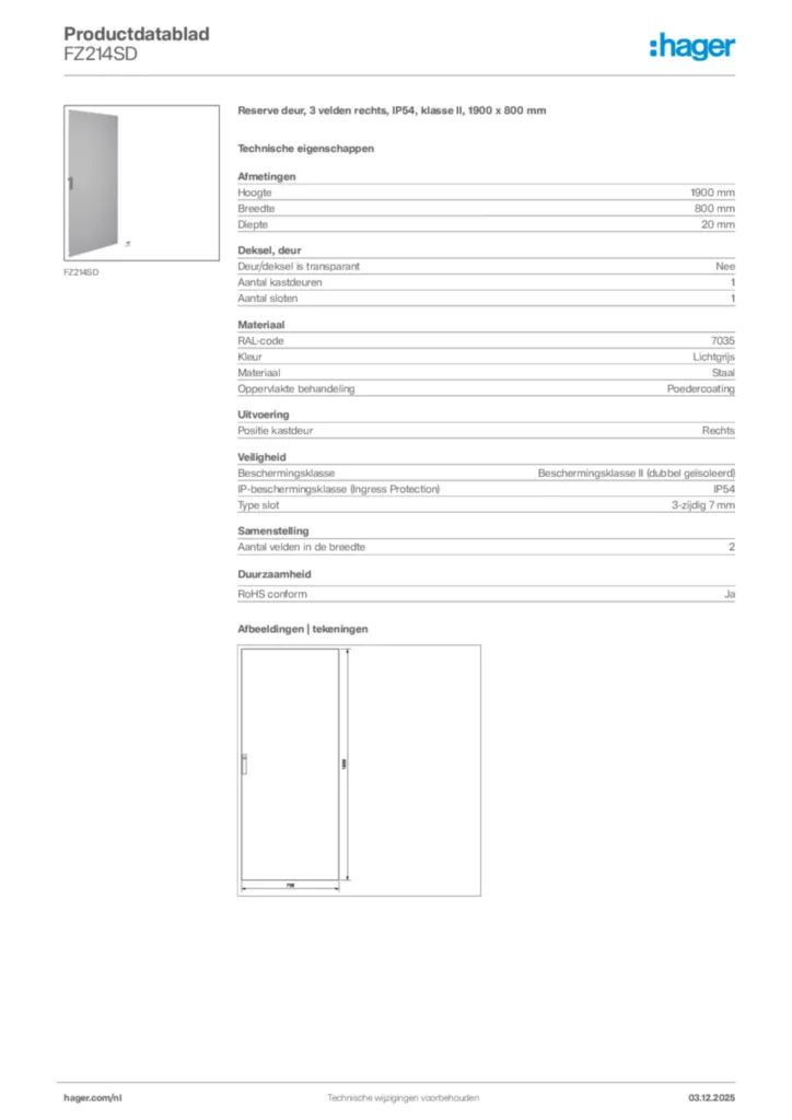 Afbeelding Hager Productdatablad FZ214SD | Hager Nederland