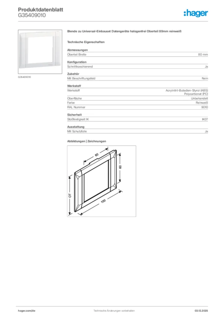 Bild Hager Produktdatenblatt G35409010 | Hager Deutschland