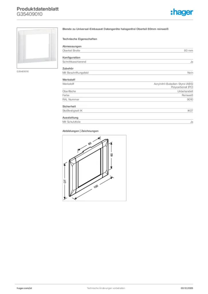 Bild Hager Produktdatenblatt G35409010 | Hager Deutschland