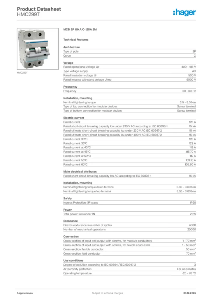 Image Hager Product data sheet HMC299T  | Hager Australia