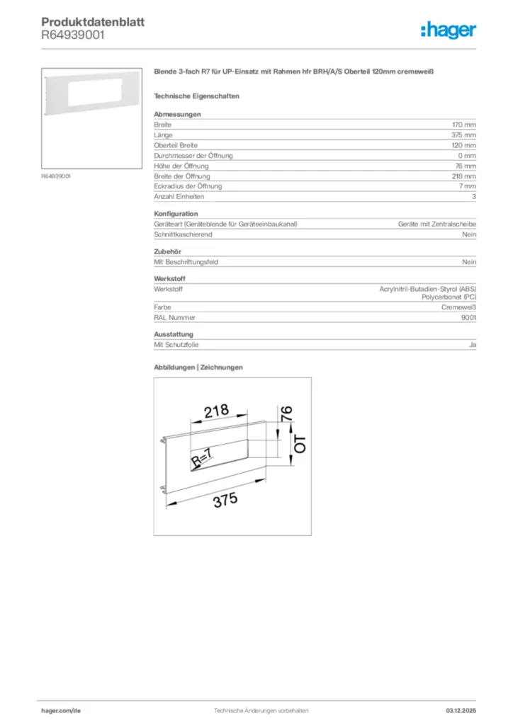 Bild Hager Produktdatenblatt R64939001 | Hager Deutschland
