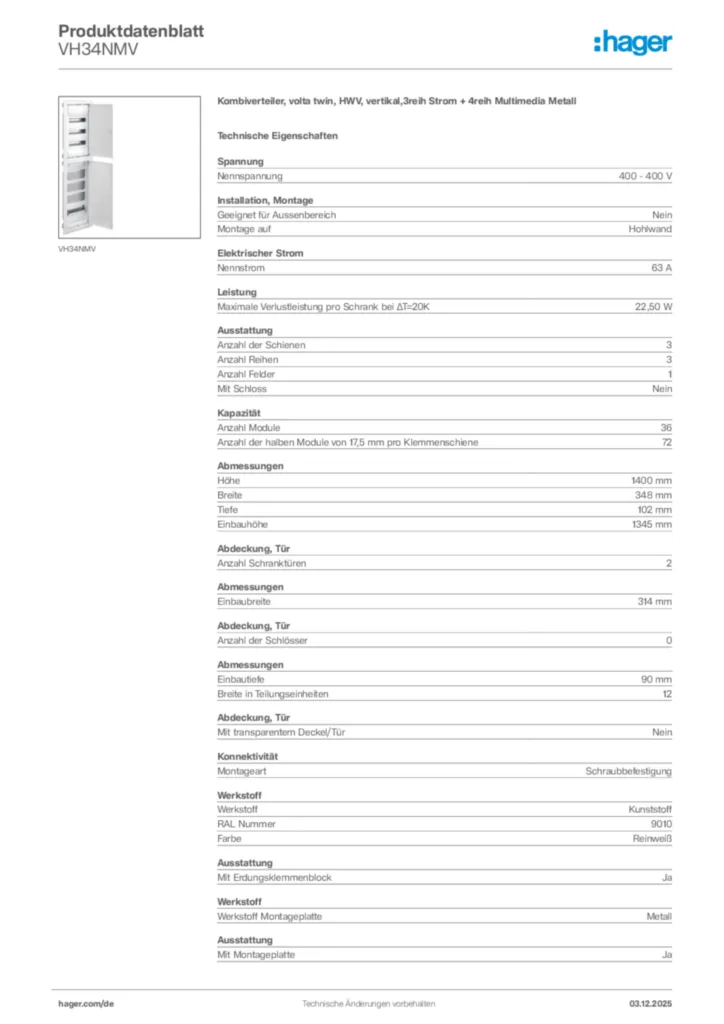 Bild Hager Produktdatenblatt VH34NMV | Hager Deutschland