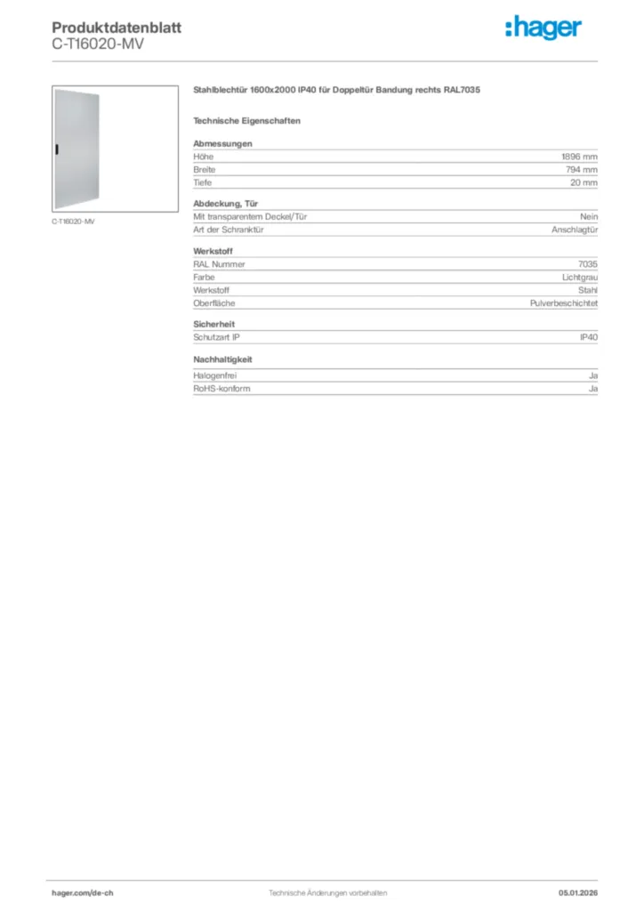 Bild Hager Produktdatenblatt C-T16020-MV | Hager Schweiz