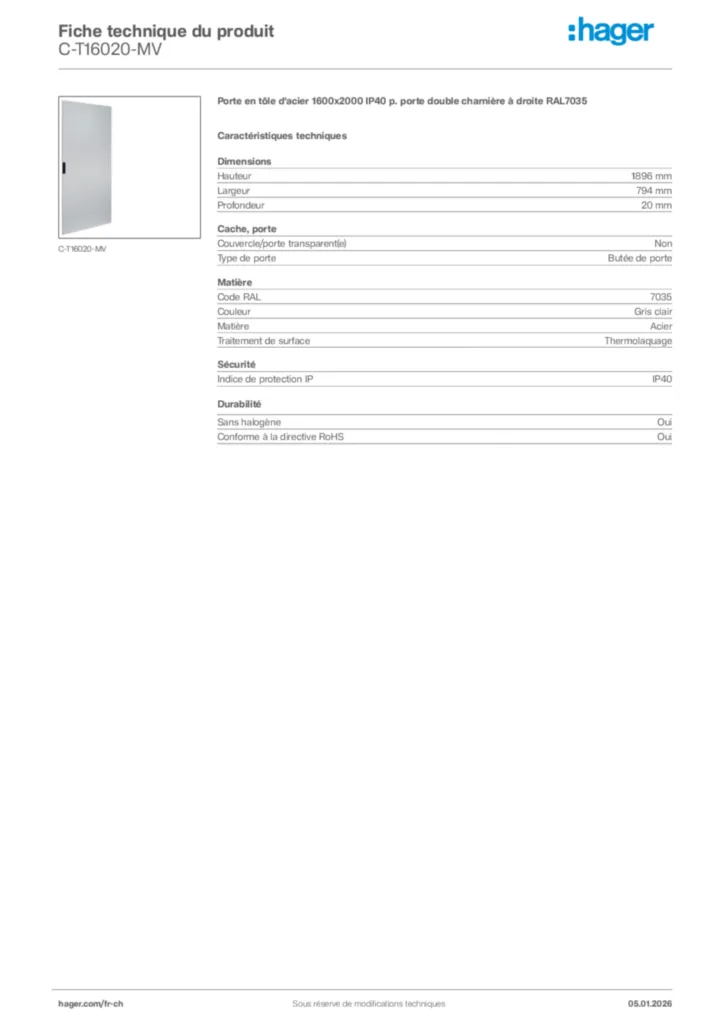 Image Hager Fiche technique du produit C-T16020-MV | Hager Suisse