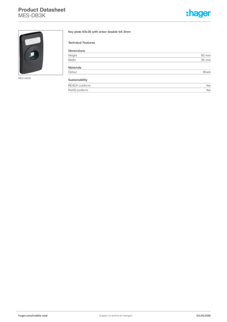 Image Hager Product data sheet MES-DB3K  | Hager