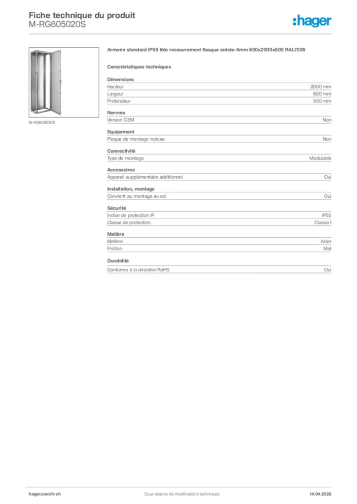Image Hager Fiche technique du produit M-RG605020S | Hager Suisse