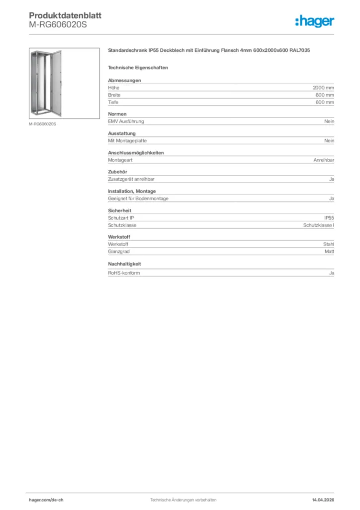 Bild Hager Produktdatenblatt M-RG606020S | Hager Schweiz