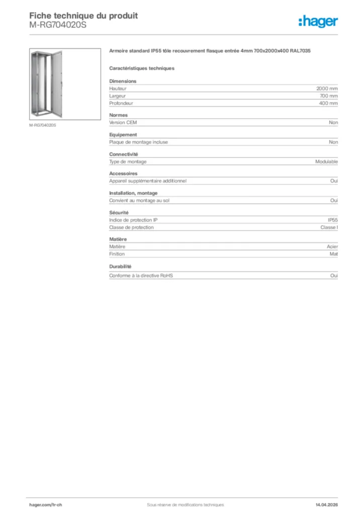 Image Hager Fiche technique du produit M-RG704020S | Hager Suisse