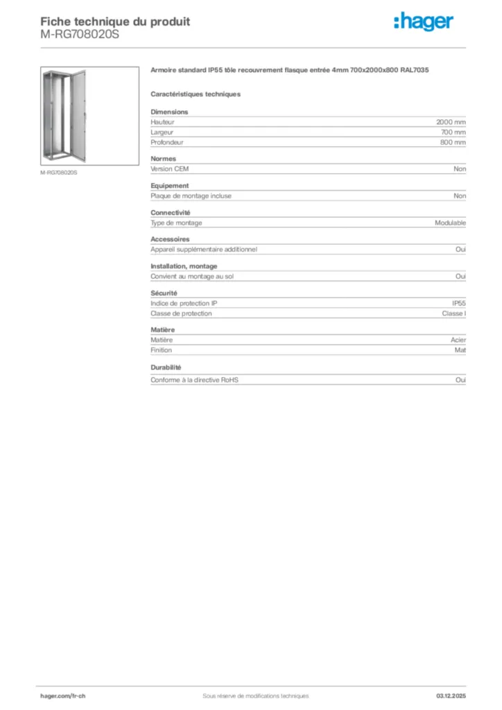 Image Hager Fiche technique du produit M-RG708020S | Hager Suisse
