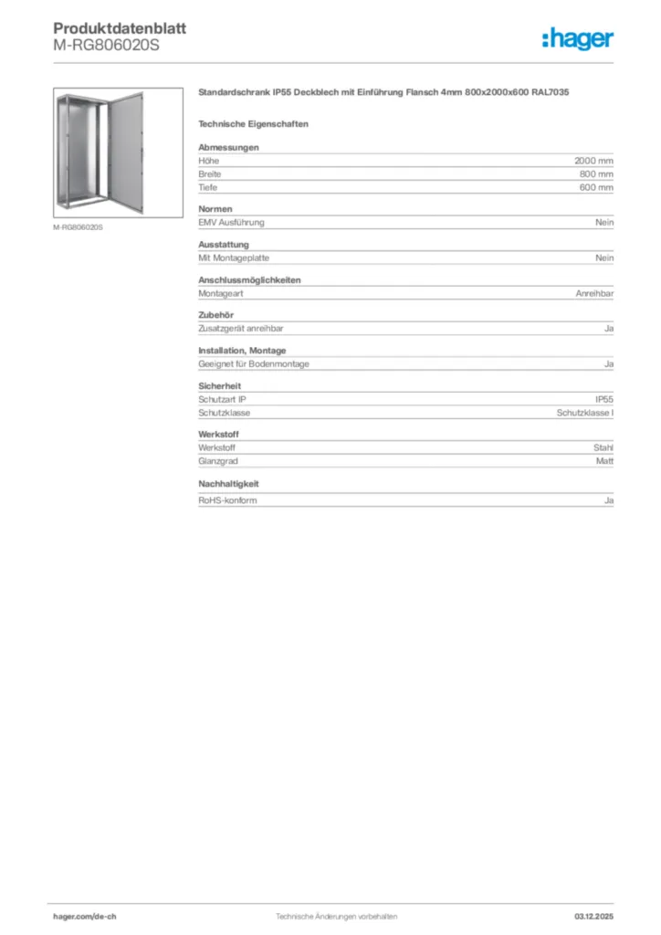 Bild Hager Produktdatenblatt M-RG806020S | Hager Schweiz