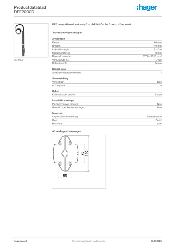 Afbeelding Hager Productdatablad DEF2000D | Hager Nederland